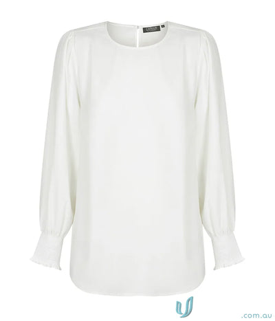 White long-sleeved blouse in Freya Shirred Cuff Soft Top made with luxe twill fabric