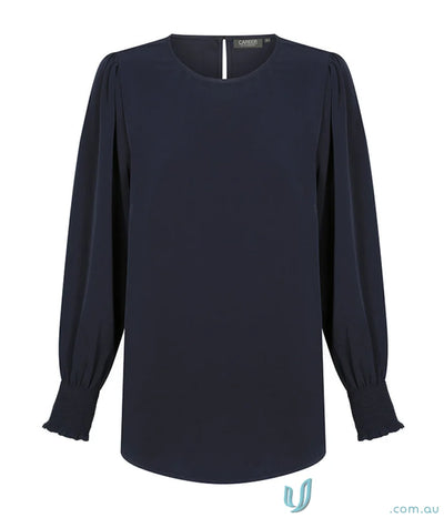 Navy long-sleeved blouse in Freya Shirred Cuff Soft Top made of luxe twill fabric
