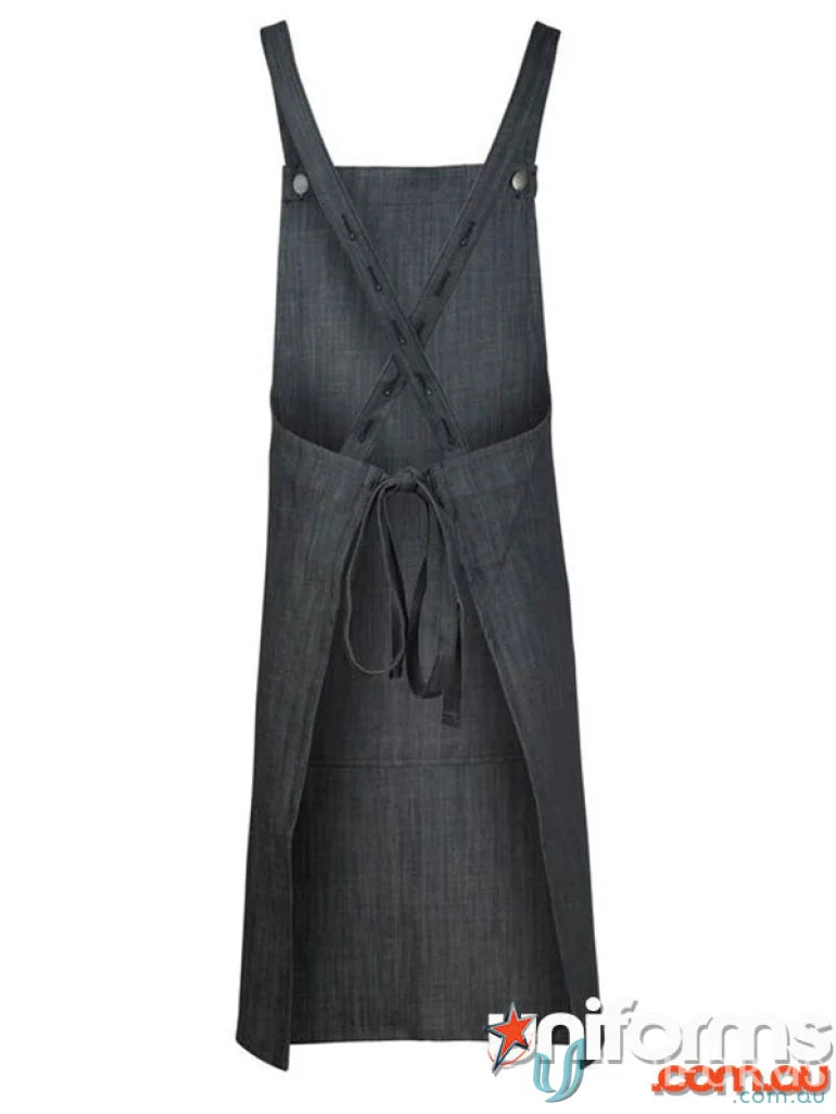 Dark denim cross-back bib apron perfect for workwear and uniforms featuring a pocket