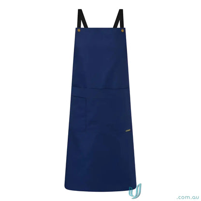 Dark blue Full Bib Apron with black straps and front pocket for catering services