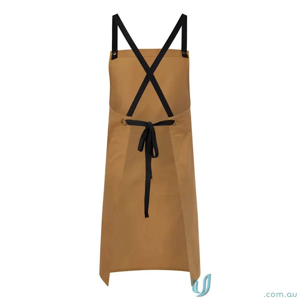 Brown apron with black cross-back straps and pockets for catering services