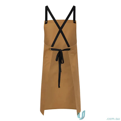 Brown apron with black cross-back straps and pockets for catering services