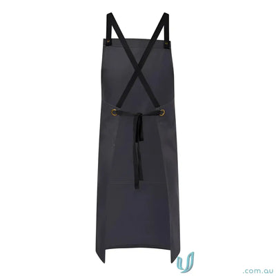 Dark gray Full Bib Apron with pockets, black cross-back straps, metal grommets for catering services