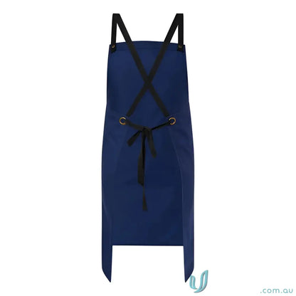 Navy blue cross-back apron with black straps and detachable herringbone mobile phone pocket for catering services
