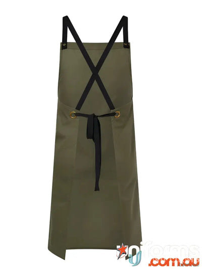 Olive green full bib apron with black cross-back straps and mobile phone pocket for catering services