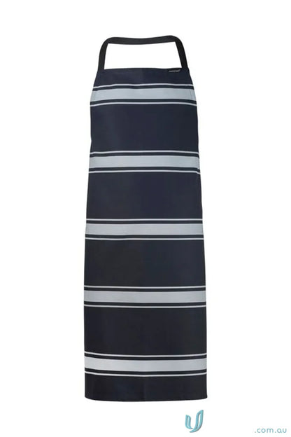 Black butchers stripe bib apron with four grey stripes and herringbone tape ties