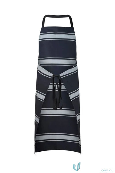 Dark blue and white butchers stripe bib apron with herringbone tape ties and neck loop