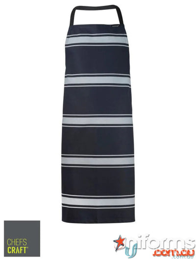 Navy blue butchers stripe bib apron with herringbone tape ties and white stripes