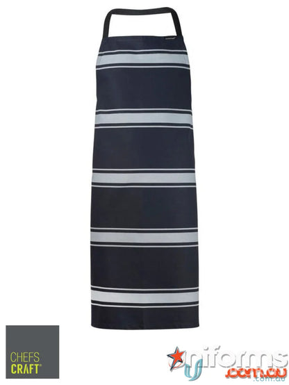 Navy blue butchers stripe bib apron with herringbone tape ties and white stripes