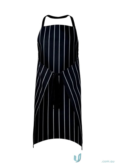 Black and white striped cafe stripe apron with bib style design and herringbone tape ties