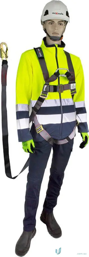 Mannequin wearing a fall arrest full body harness with shock absorbing lanyard for safety
