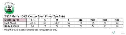 T-shirt size chart for Full Colour Print Adult Semi Fit Tee made of combed cotton workwear