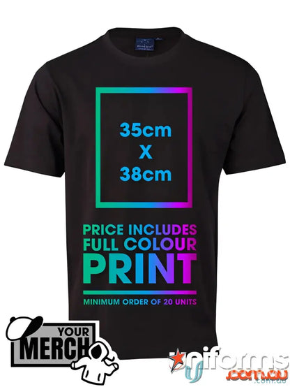 Black T-shirt with print area dimensions in combed cotton workwear uniform for adults