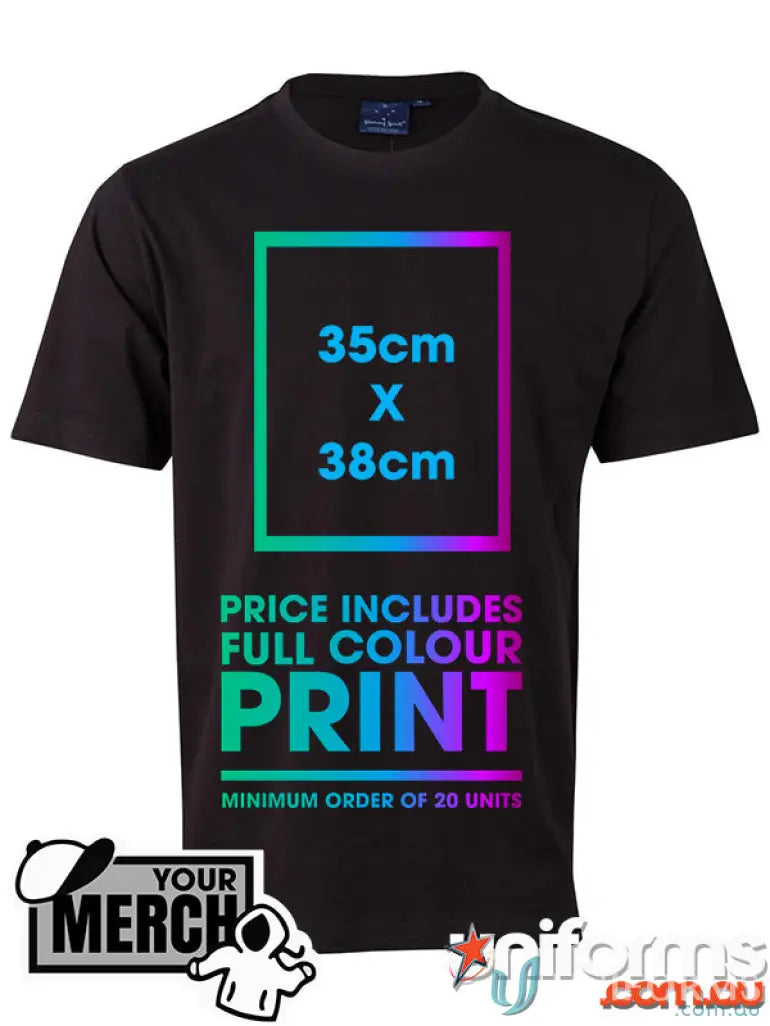 Black t-shirt with print area dimensions made from comfy combed cotton for uniforms or workwear