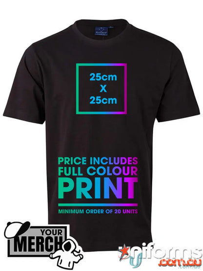 Black combed cotton kids t-shirt with colorful print, perfect for uniforms and workwear