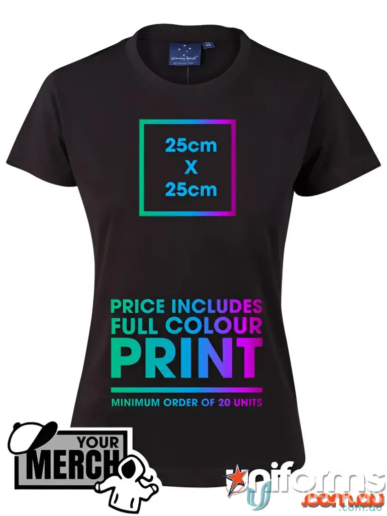 Black T-shirt with colorful print area indicators, perfect for uniforms and workwear in combed cotton