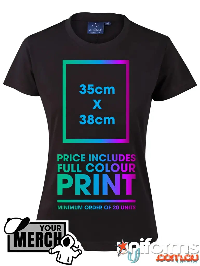 Black T-shirt with colorful print design, perfect for combed cotton uniforms or workwear