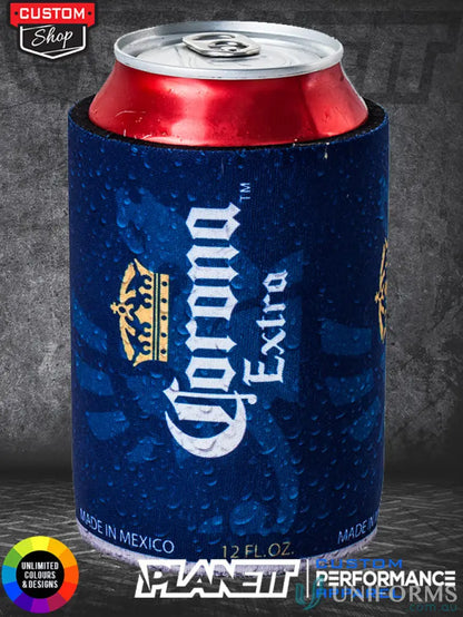Corona beer can in a blue print custom stubby holder for your custom stubby needs