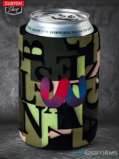 Full Print Custom Stubby Holder with colorful W logo on camouflage workwear design