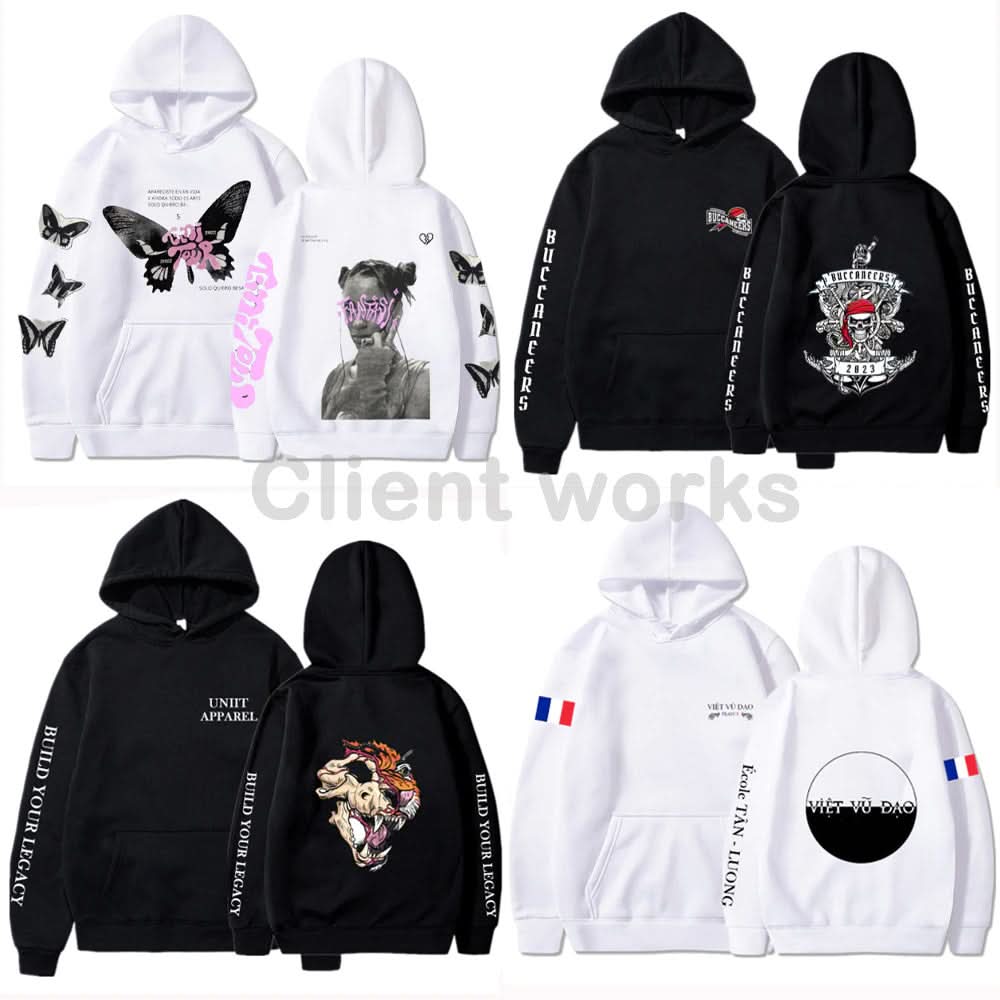 Colorful assorted hoodies with graphic designs perfect for custom hoodie uniforms or workwear