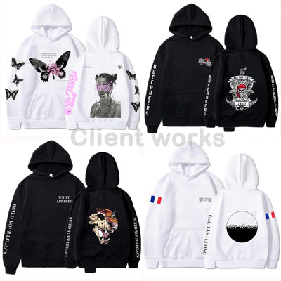 Colorful assorted hoodies with graphic designs perfect for custom hoodie uniforms or workwear