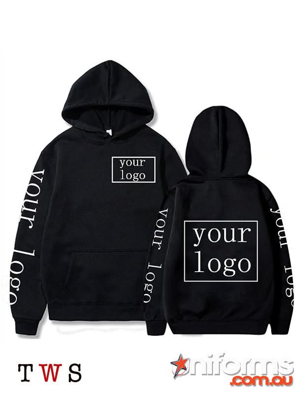 Black hooded sweatshirt on Full Printed Custom Hoodie, ideal for custom workwear or uniforms