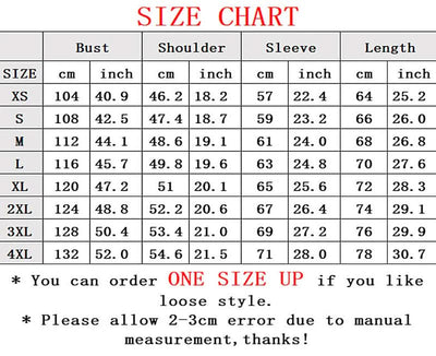 Clothing size chart for full printed custom hoodie and workwear uniforms
