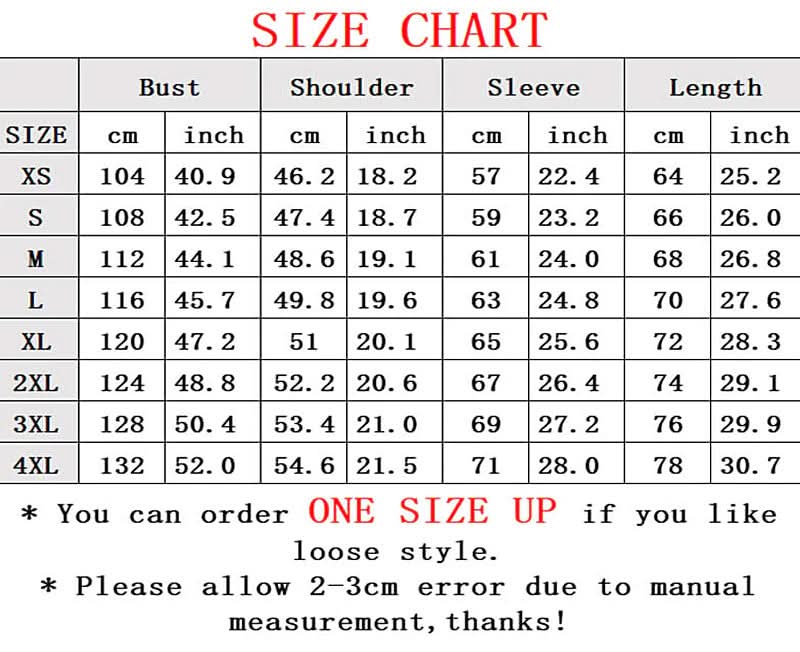 Clothing size chart for full printed custom hoodie and workwear uniforms