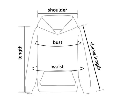 Hoodie sizing diagram for full printed custom hoodie, perfect for uniforms or workwear