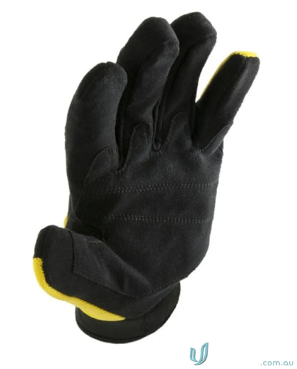 Black and yellow work glove designed for puncture resistance and ASTM F1342-05 testing