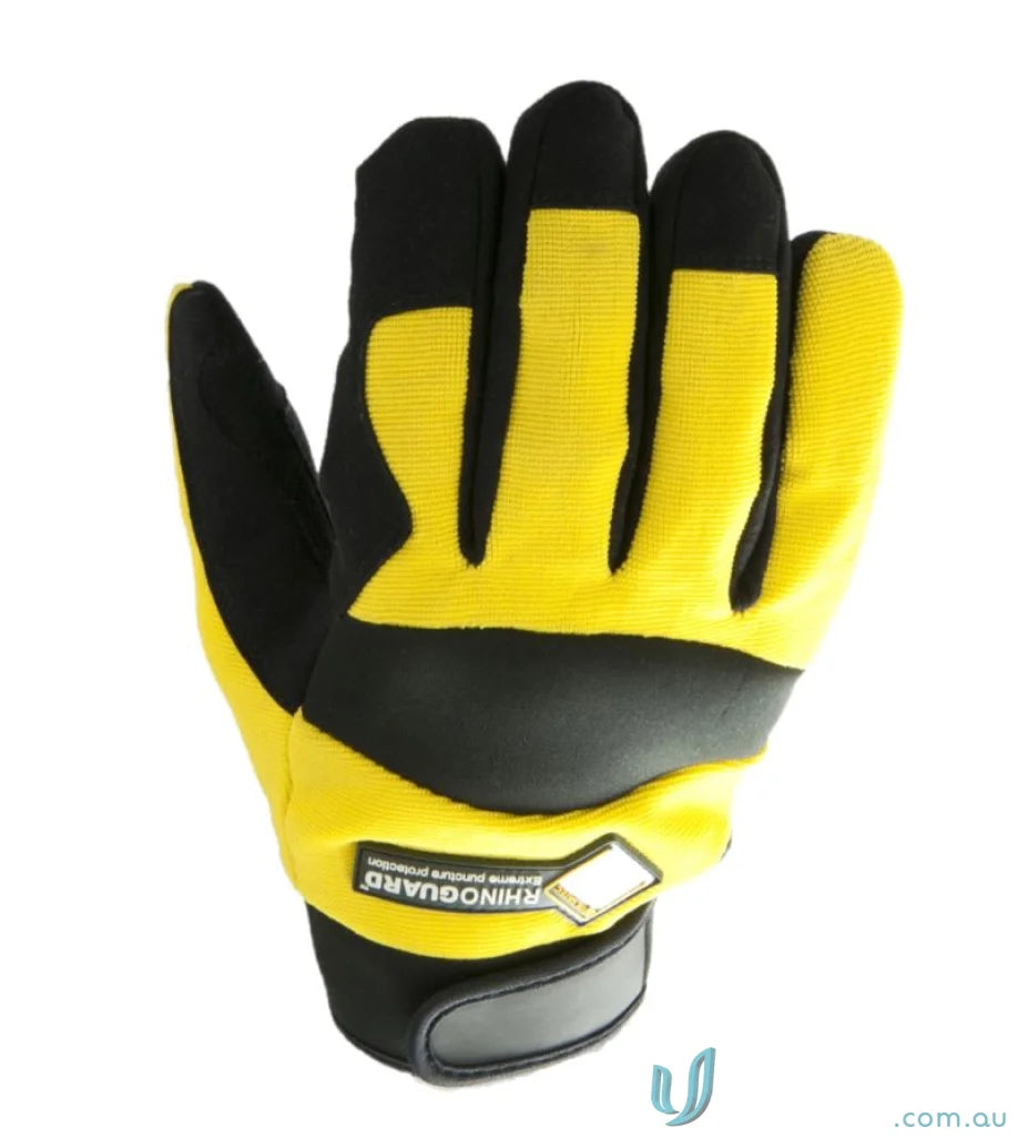 Yellow and black work glove with puncture resistance for ASTM F1342-05 safety gear