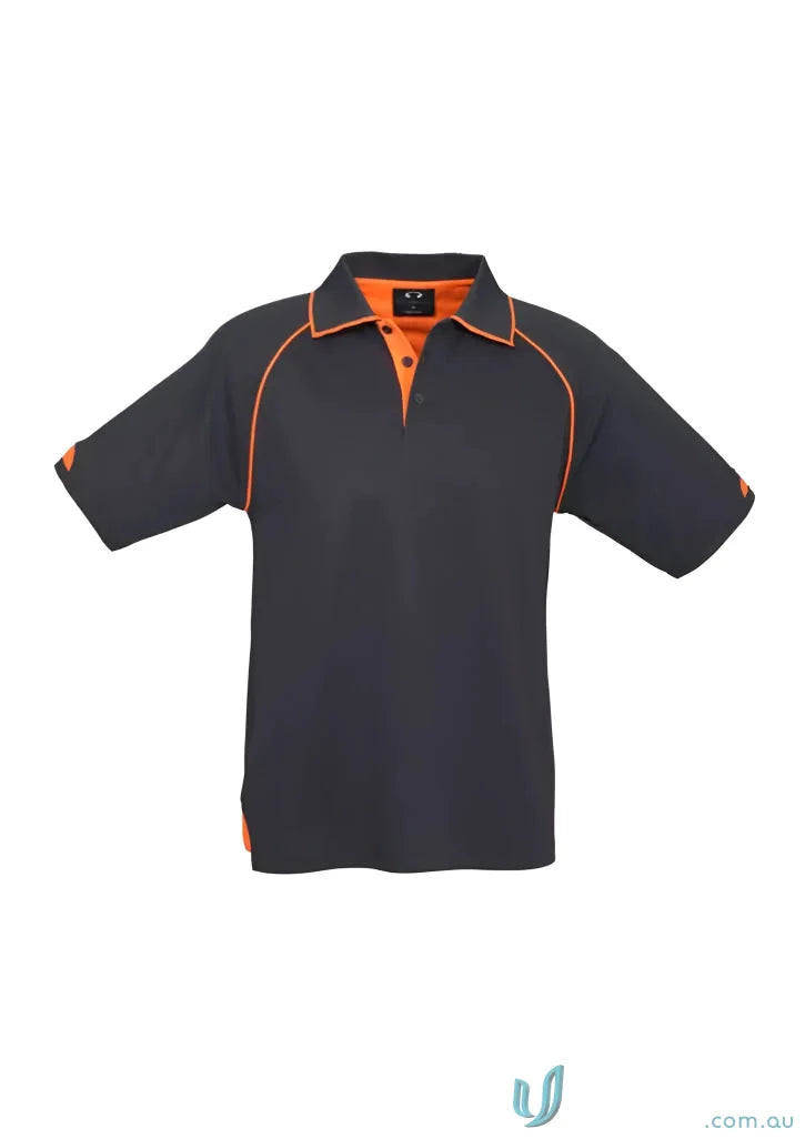 Black Fusion Polo with hi-viz fluoro trims and orange collar, perfect for biz collection men’s
