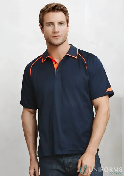 Men’s Fusion Short Sleeve Polo with hi-viz fluoro trims in navy blue and orange