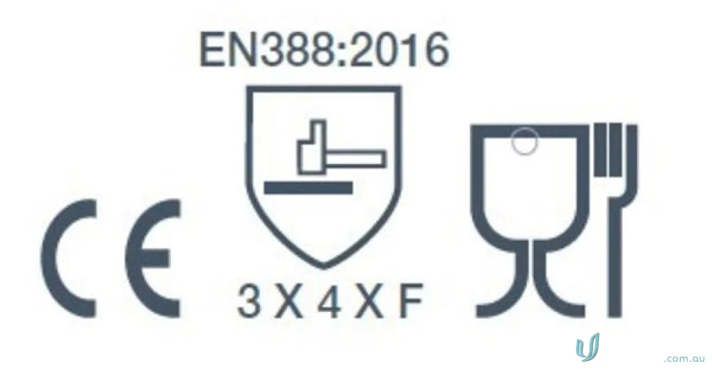 Safety certification symbols on G-Force Inotex Cut Resistant Sleeve for workwear