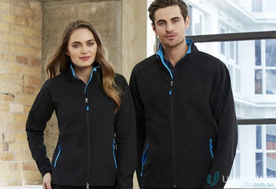 Matching black Geneva Softshell Jacket with blue trim from Biz Tech J307M design