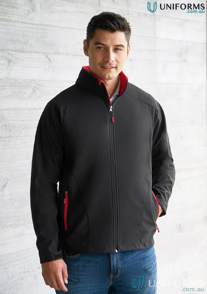 Black Geneva Softshell Jacket with red accents, perfect for biz tech™ J307M style