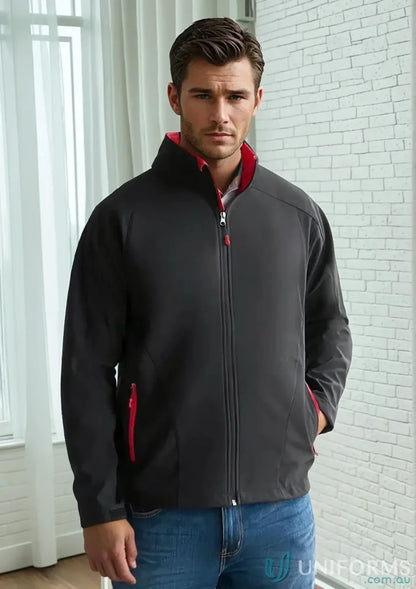 Geneva Gainsford Jacket in dark gray softshell with red accents and zippers for biz tech™