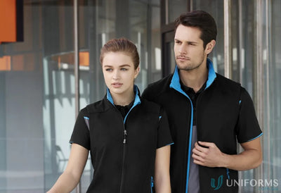 Two guys in black and blue Geneva Softshell Vest from J404M Collection Mens