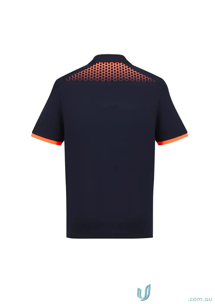 Dark blue Galaxy Polo with orange trim and honeycomb pattern, perfect galaxy short sleeve style
