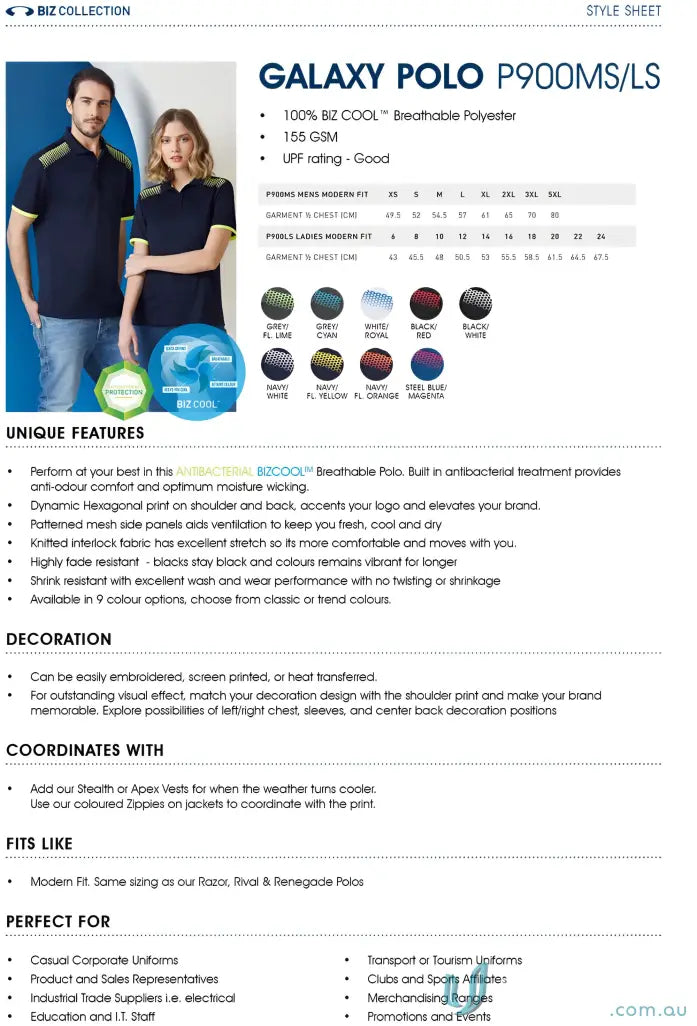 Galaxy Polo product sheet showcasing the P900MS Galaxy short sleeve polo style