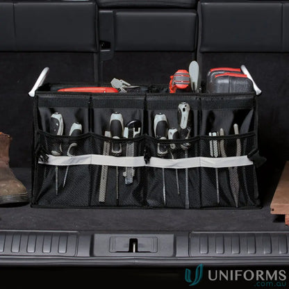 Black boot organiser with removable lid and compartments for uniforms and tools