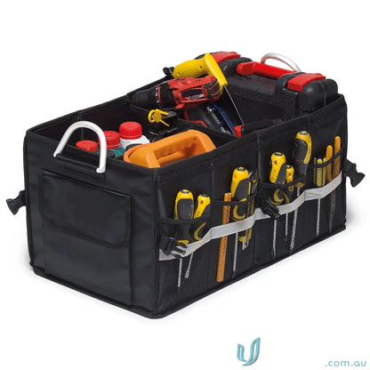 Black GearGrid boot organiser with removable lid holding tools and uniforms, waterproof design