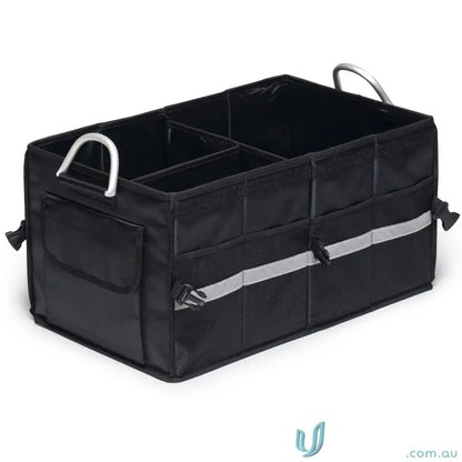 Black collapsible boot organiser with removable lid, compartments, handles, and reflective strips