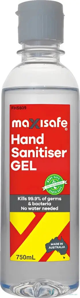 Maxisafe hand sanitiser gel in a clear 750ml bottle for uniforms and hygiene