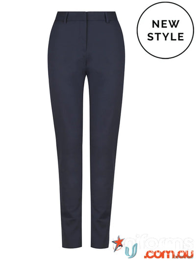 Navy blue full-length slim tailored pants with welt pockets, perfect for a sleek look