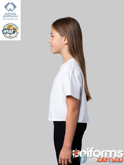 Girl wearing a correct size white Crop Tee with black leggings, perfect for uniforms