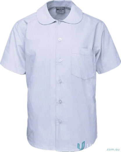 Light blue girls Peter Pan collar short sleeve school shirt with front pocket and buttons