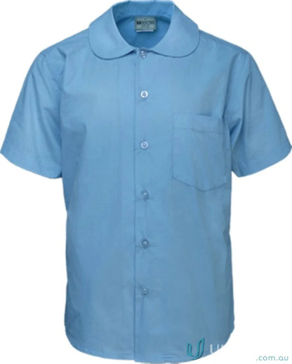 Girls Peter Pan collar short sleeve school shirt in light blue with chest pocket