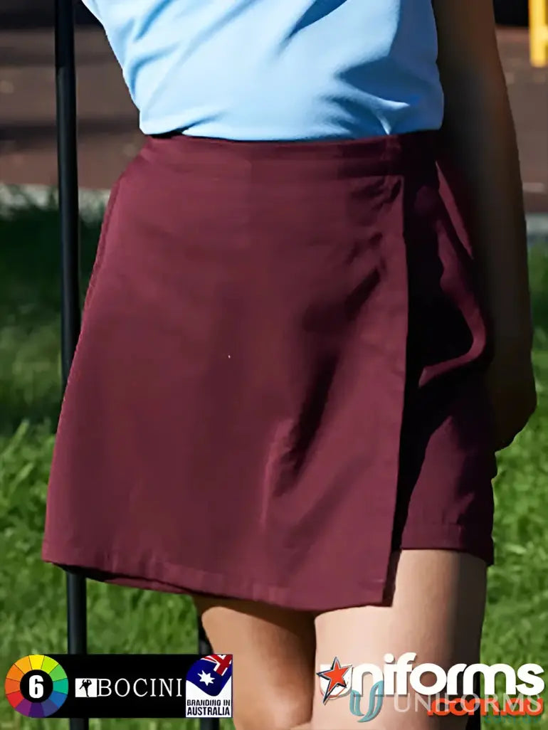 Maroon wrap-style girls school skort perfect for school uniforms