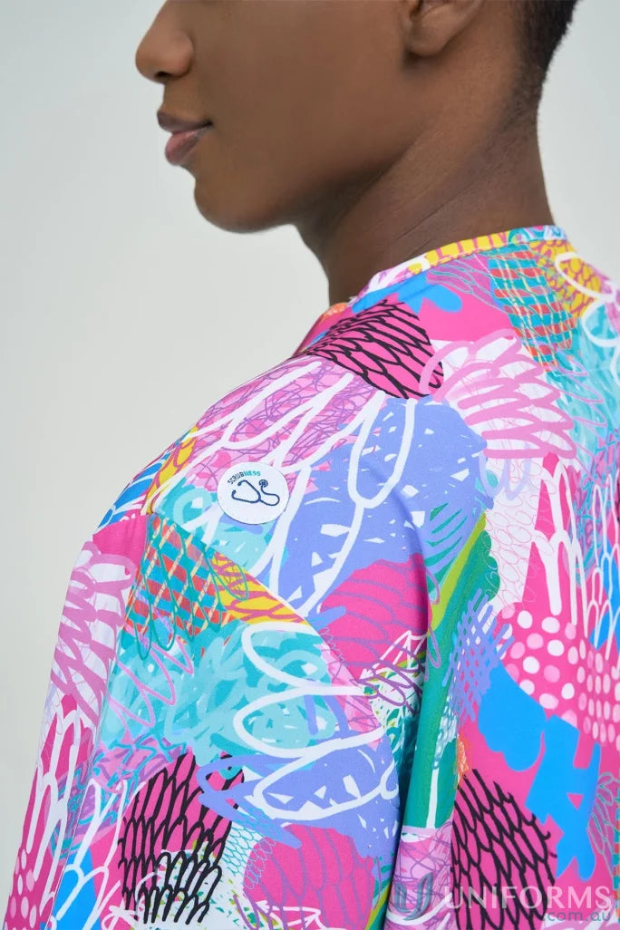 Person wearing vibrant gliding bunjil inclusive top with playful abstract pattern